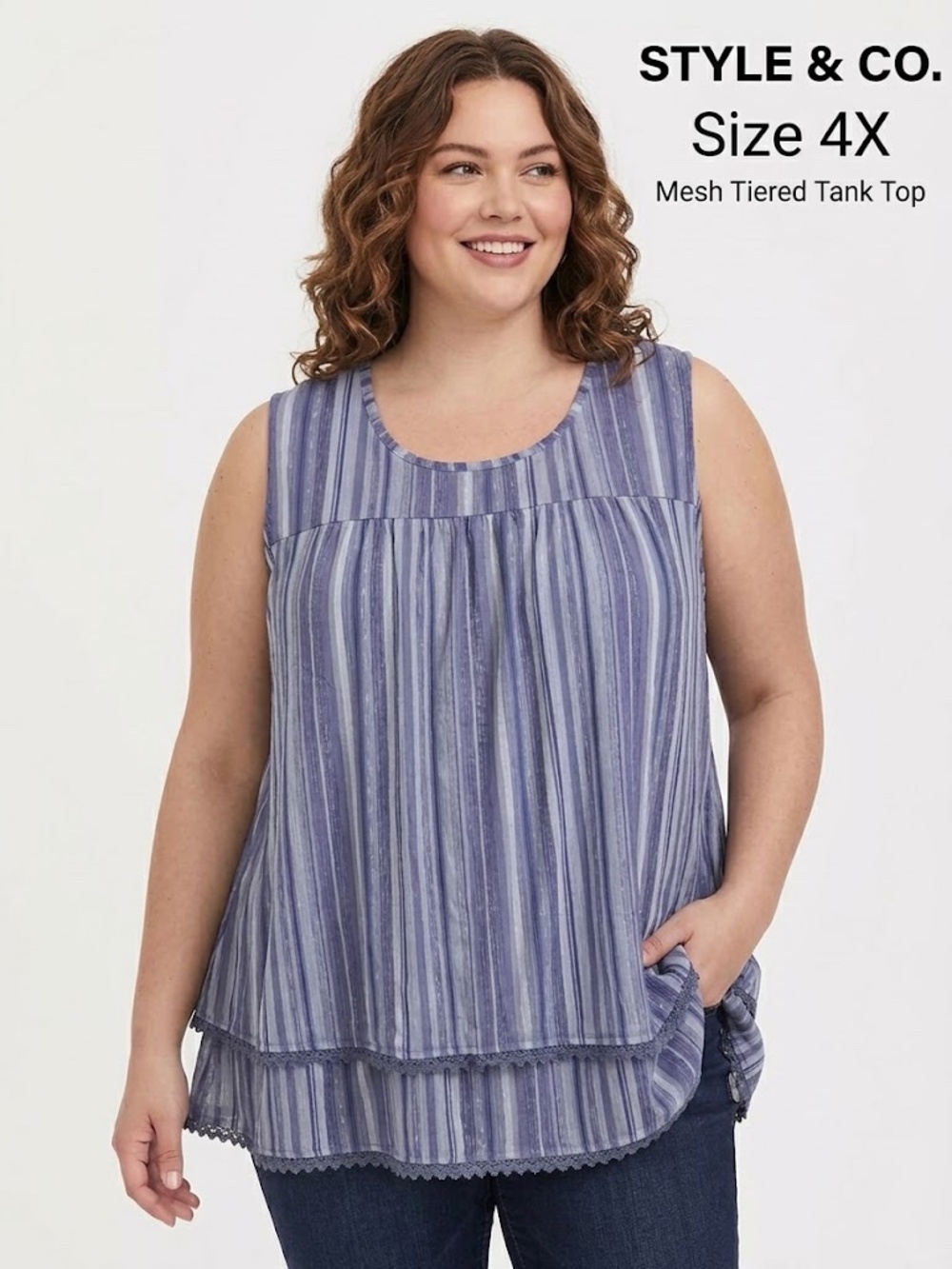 Style & Co. Women’s Mesh Tank Top 4X Blue Striped Sleeveless , Scoop Neckline